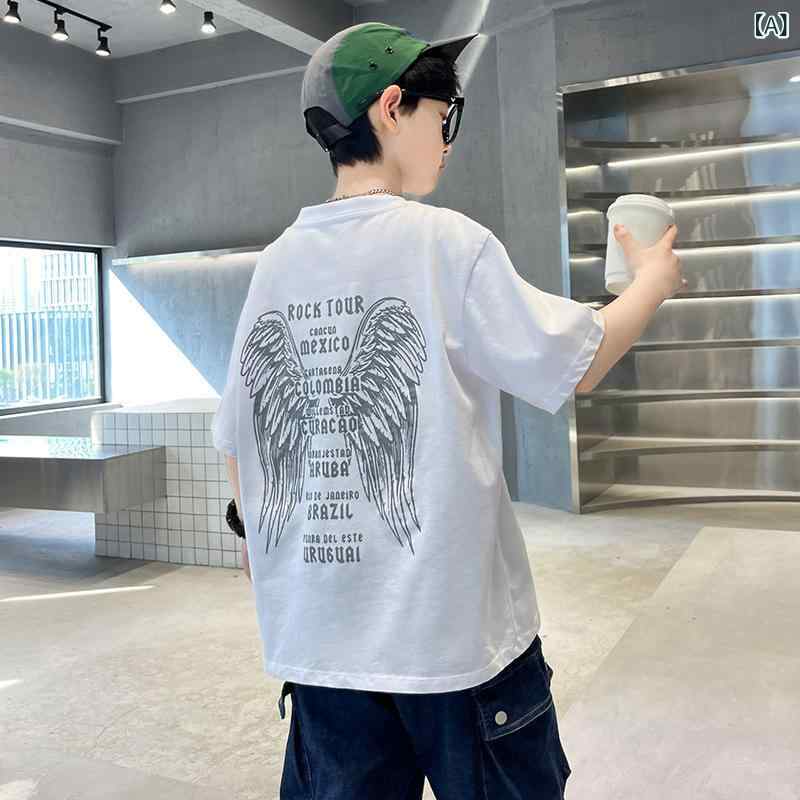 キッズ 男の子 半袖 Tシャツ 夏 綿 トップス 子供服 短袖 ゆったり かっこいい かわいい デザイン 丸首 白色 ブラック 8歳以上 通学 普段使い 吸湿速乾 軽量 伸縮性