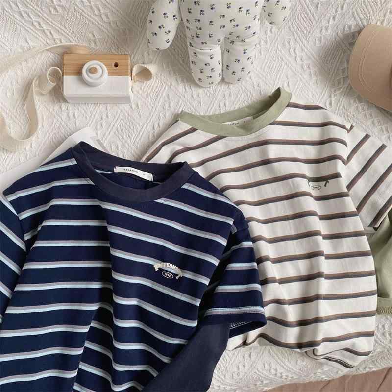 キッズ トップス 長袖 Tシャツ 男の子 女の子 ユニセックス 春夏 秋冬 コットン 綿素材 条紋柄 純色 偽ツーピース デザイン ゆったり ワイドシルエット 韓国風 スタイリッシュ Vネック 吸湿速乾 柔らかい 肌触り ベビー 子供 インナー 普段使い