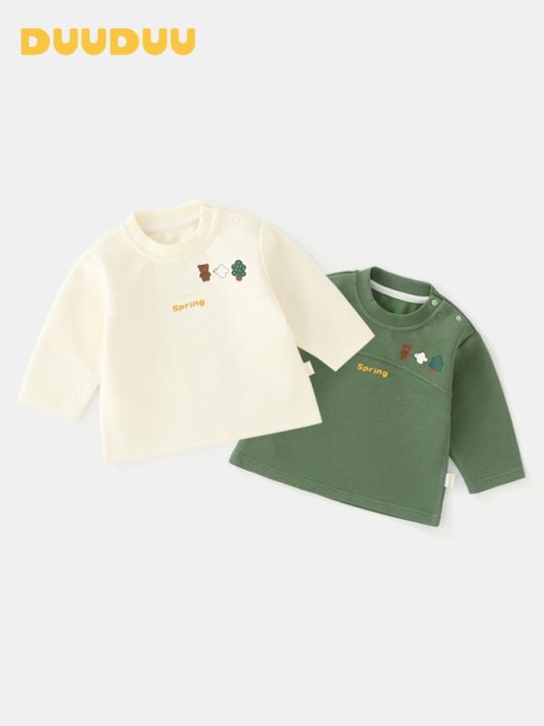 ベビー トップス 男女兼用 長袖 Tシャツ 綿混 伸縮性 吸湿速乾 柔らかい 丸首 シンプル 動物柄 ・柑通柄 緑 杏色 春夏 普段使い
