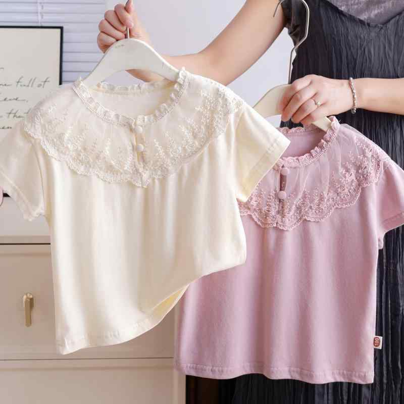 キッズ 女の子 半袖 Tシャツ トップス かわいい 蕾? レース 縁取り 丸首 ラウンドネック 韓国風 韓国スタイル カジュアル 夏服 夏用 上着 コットン 綿素材 柔らかい 柔軟 ピンク系 紫芋色 杏色 淡いピンク 100cm 110cm 120cm