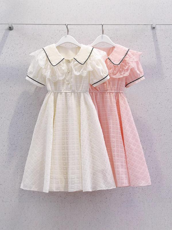 女の子 ワンピース 春夏 ピンク 杏色 かわいい レース フリル 首元 チャイナ風 小香風 子供服 女児 3-8歳 中小童 薄手 軽量 ポリエステル 化繊 柔らかい 加工 Aライン スカート プリンセス ドレス 雪紡 シフォン ロング スカート 通気性