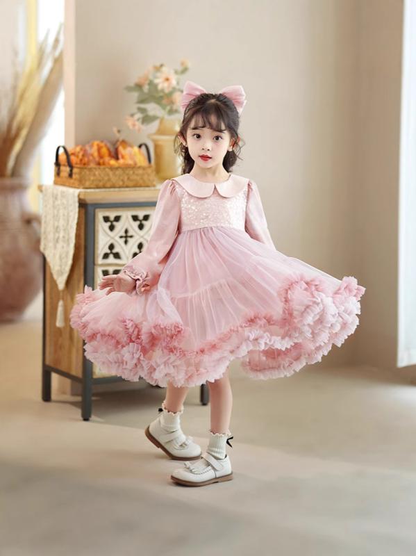 女の子 ワンピース キッズ 秋冬 長袖 プリンセス スカート ふんわり チュチュ スタイル かわいい デザイン 女児服 豆沙色 赤系 ポリエステル 生地 暖か 加厚 裏地 3～8歳 100～140cm 中小童 サイズ 伸縮性 柔らかい 肌触り 日常 遊び