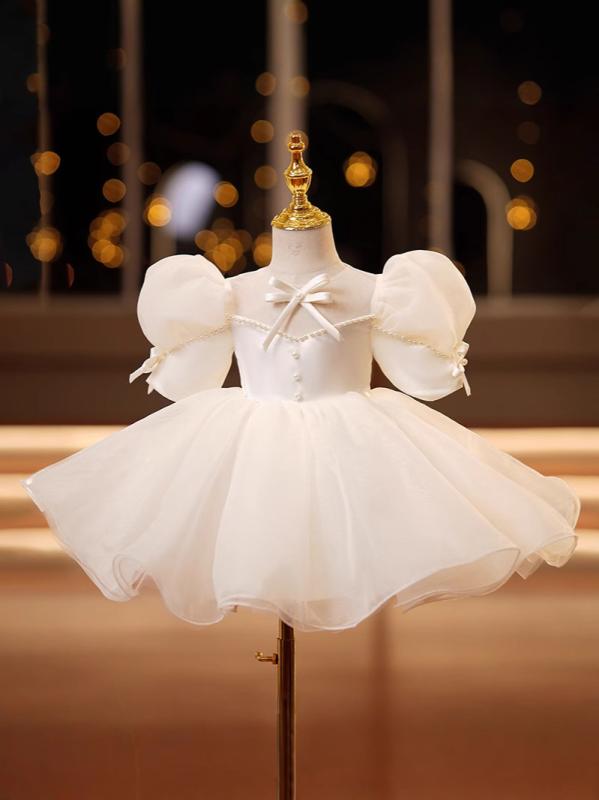 女の子 ドレス プリンセスドレス キッズ 女児 礼服 花柄 チュチュスカート 女の子用 演奏会ドレス 発表会ドレス ウェディングドレス 結婚式ドレス 誕生日パーティードレス ベージュ アイボリー ポリエステル プリーツ加工 コーティング加工 ふんわりシル