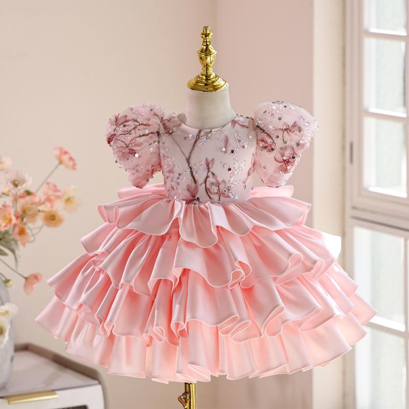 女の子 プリンセスドレス 子供用 花柄 フレアスカート 女児 礼服 宴会用 花嫁介添え かわいい ピンク ポリエステル混紡 プリーツ加工 春秋夏冬対応 韓流スタイル 軽量 伸縮性 3～8歳 100～140cm