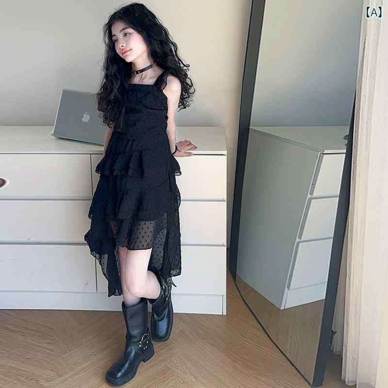 女児 吊り下げ ワンピース 夏 子供服 韓国風 フレンチ 燕尾スカート 不規則 ノースリーブ 小さな黒いドレス シフォン ロングスカート 綿混紡 醋酸繊維 柔らかい素材 純色 ドット柄 プリンセススカート 潮風 スタイル 黒 130cm 140cm 15