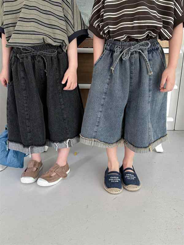 キッズ 男女 夏用 牛仔 七分 クロップドパンツ 切り替え デザイン 綿素材 柔らかい 伸縮性 ライトウェイト ハイウエスト ゆったりシルエット ブルー ブラック 通年対応