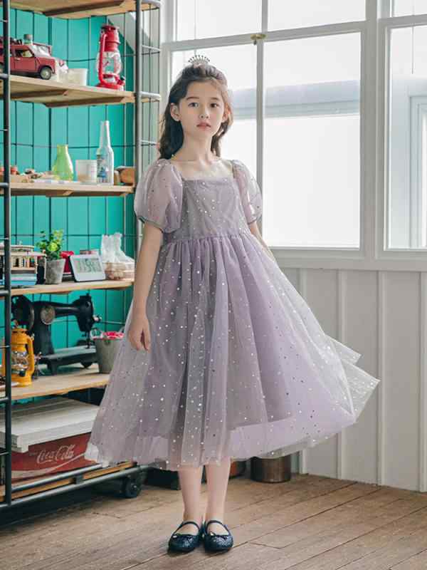 女児 ワンピース 子供 女の子 夏 春夏 プリンセスドレス 泡泡袖 フレアスカート レース チュール 綿 ポリエステル 接触冷感 柔軟 紫色 かわいい かわいい プリンセス 純色 短袖 結婚式 パーティー 日常使い 通学 軽量 伸縮性 吸湿速乾 ビッグシ