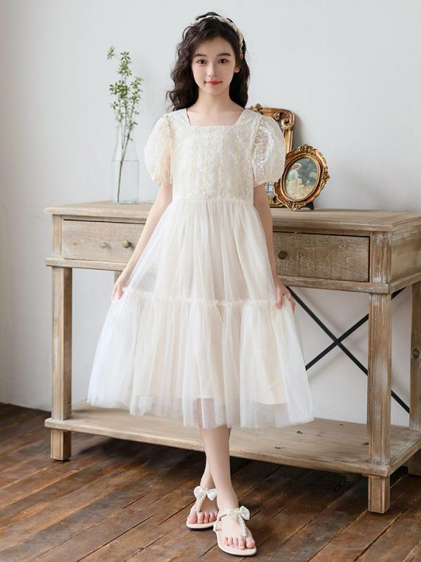 女の子 ワンピース 夏 プリンセス ドレス チュール レース 綿裏地 杏色 Aライン スカート 子供 かわいい 軽量 伸縮性 通気性 女児 洋服 ガーリー ファッション フレア スカート プリントなし シンプル デザイン
