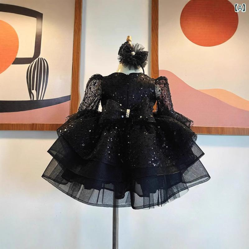 女児ドレス 女の子用 黒 プリンセススタイル 蓬蓬スカート レース 演出服 ピアノ発表会 フォーマル 子供パーティー 綿裏地 通年使用