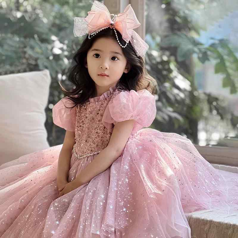 女の子 ワンピース 秋冬 プリンセス ロングドレス 泡泡袖 シフォン レース フリル スカート ピンク かわいい フォーマル ドレス 誕生日 礼服 女童 子供服 コットン ポリエステル 伸縮性 軽量 かわいい デザイン