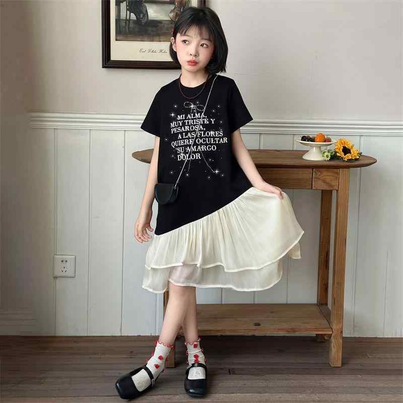 女児 ワンピース プリンセススカート 夏 黒 短袖 韓国風 切り替え レース ポリエステル 軽量 かわいい 女の子 子供服 中大童 140cm以上 通学 普段使い ビッグシルエット 伸縮性 吸湿速乾 潮 時髦
