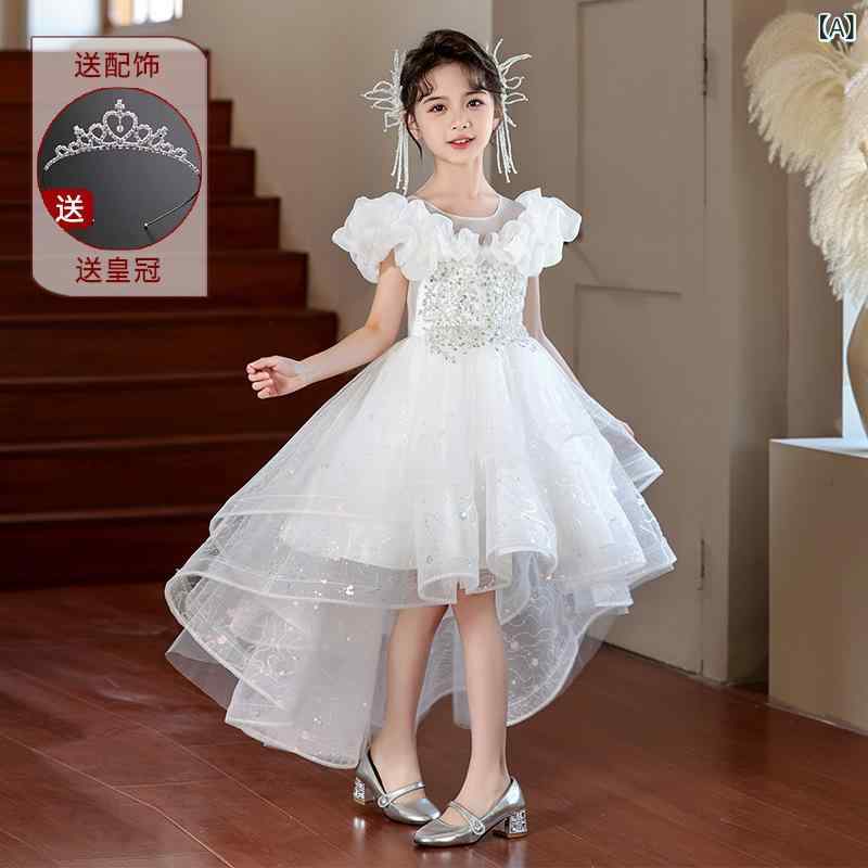 女児 ドレス キッズ 女の子 礼服 夏用 網? チュール プリンセス スカート トレーン ロングドレス かわいい 甘め スタイル ポリエステル 繊維 コットン ライニング 軽量 通気性 ホワイト シャンパンカラー 8歳以上 中大童 110cm ～ 160