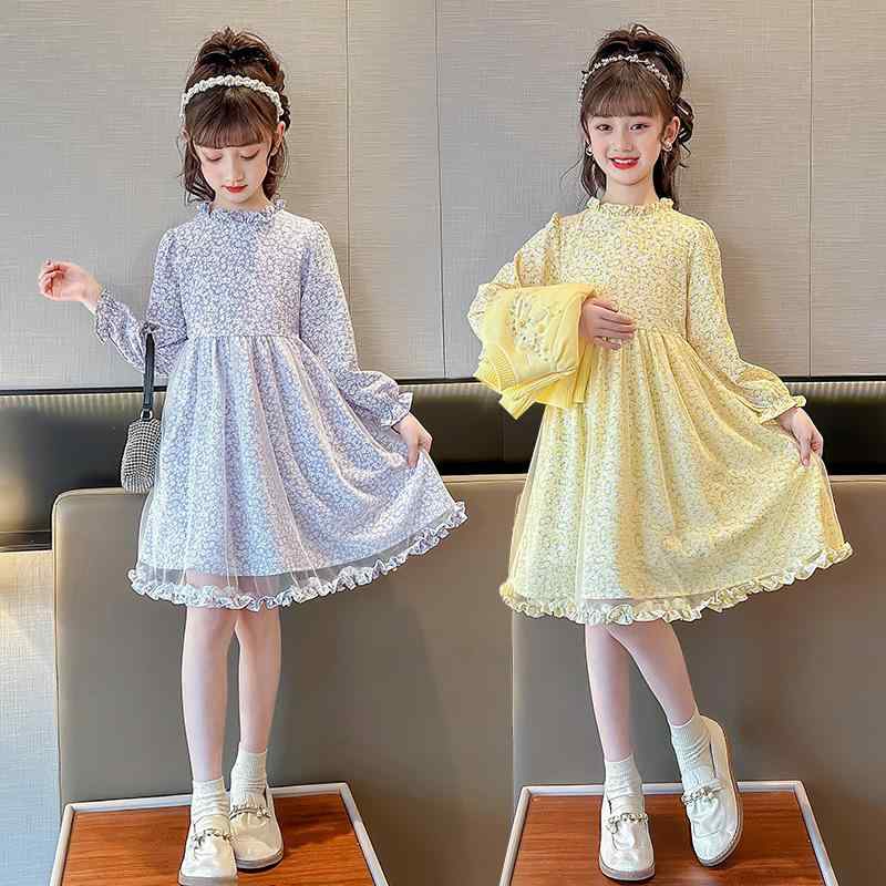 女児 プリンセスドレス セット 秋冬 かわいい ニットセーター 綿素材 長袖 フラワープリント ワンピース 柔らか 春秋 ミッドチルド レディースキッズ プリンセススカート イエロー ベージュ パープル 120cm 130cm 140cm 150cm 1