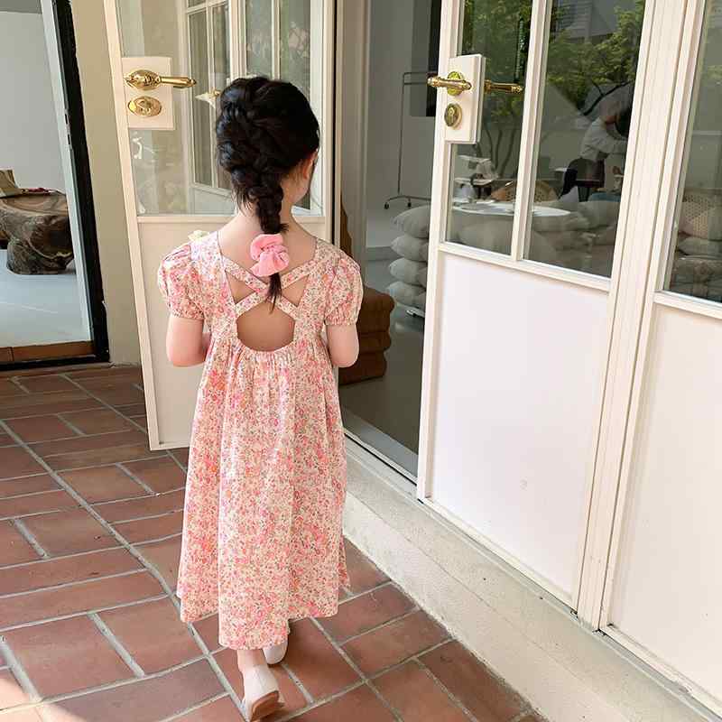 女児 ワンピース ピンク 花柄 フレアスカート 綿素材 夏用 接触冷感 かわいい プリンセス風 短袖 切り替えデザイン 軽量 通気性 3～8歳 100～140cm