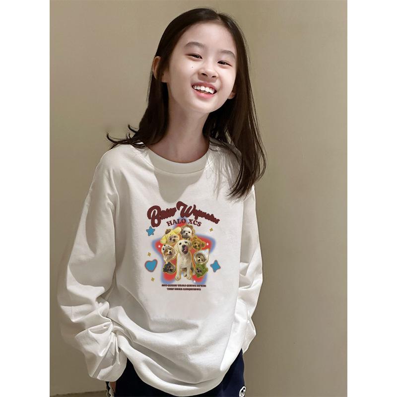 女児 トップス 長袖Tシャツ 春秋 純棉 綿100% 中大童 女の子 8歳以上 ラウンドネック 丸首 無地 プリント カードプリント 星柄 犬柄 ウサギ柄 猫柄 笑顔柄 表情柄 アルファベット柄 かわいい ファッション インナー 上衣 韓国風 日常使い