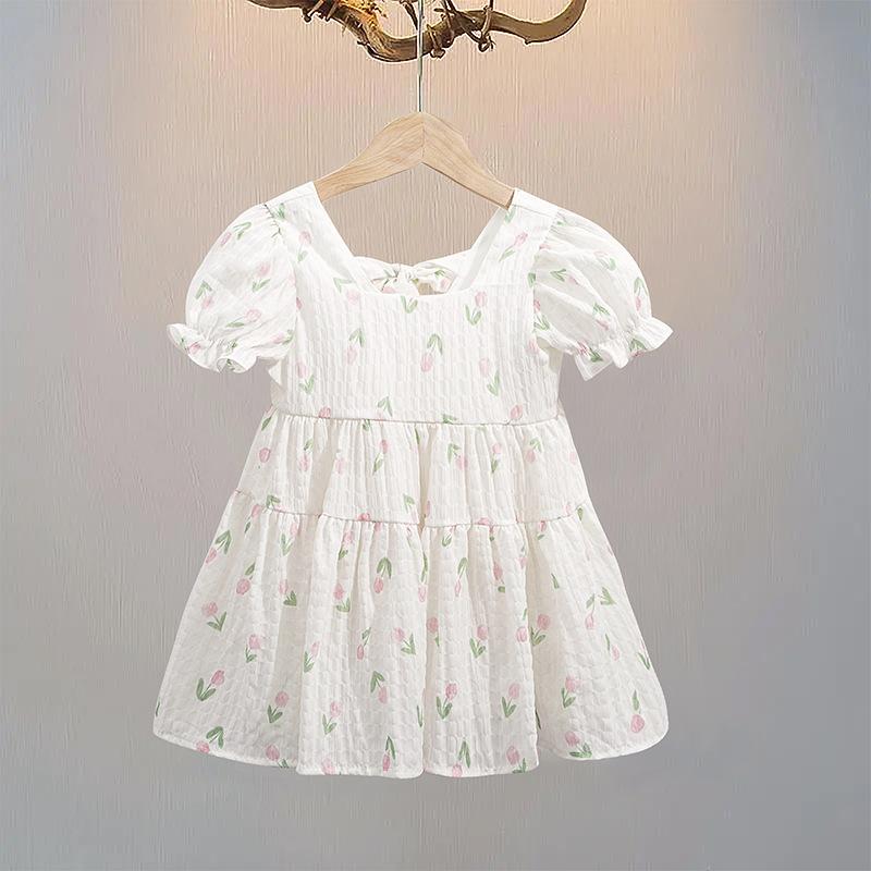 女児ワンピース 女の子 夏用 花柄 コットン ポリエステル かわいい プリンセス風 甘め フレッシュ Aライン ピンク 紫 パステルカラー 軽量 通気性 吸湿速乾 基本款 3-8歳 中小児 100-140cm フレアスカート 膝丈 ガーリー 日常使い 春