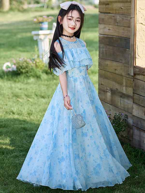 女の子 ワンピース 夏 春夏 子供 女児 中学生 大学生 プリンセス風 花柄 ロング丈 フレアスカート 雪? ポリエステル 柔軟素材 短袖 切り替えスカート 軽量 通気性 かわいい ビーチ 普段使い 水墨ブルー ピンク 紫 120cm 130cm 140