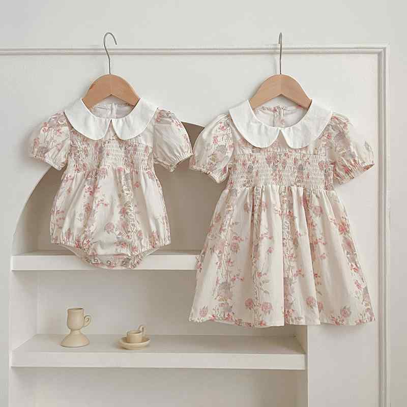 女児 ドレス 甘め プリント 半袖 トップス ベビー クロール服 コットン 100% 柔らか素材 Aライン スカート 夏用 かわいい 女の子 姉妹 お揃い 子供服 3～8歳 100～140cm 無袖 トレンド スタイル