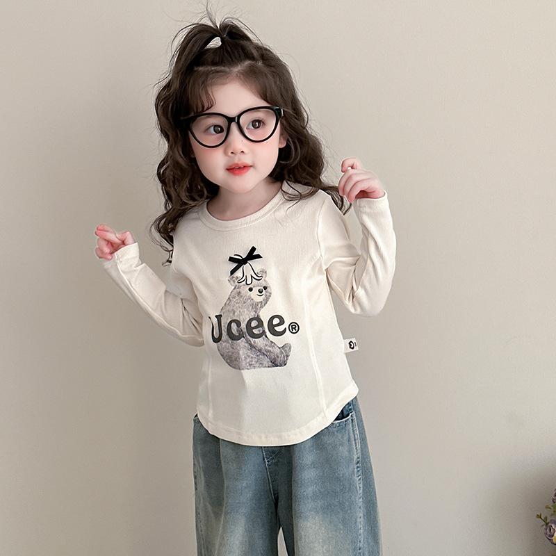 女児 トップス 長袖 春秋 綿 柔らかい 接触冷感 丸首 かわいい カードプリント キッズ 女の子 レイヤード 普段使い 軽量 伸縮性 ライトグレー アイボリー 3～8歳 90～140cm