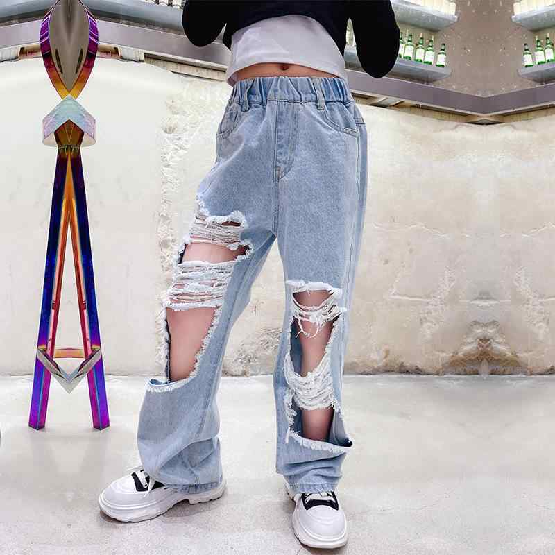 キッズ 女の子 牛仔 セットアップ 破洞 デザイン 長袖 トップス 長パンツ 綿 素材 柔らかい 薄手 春秋 韓国風 ストリート ダンス 普段使い 伸縮性 軽量 カジュアル スタイル 120cm 130cm 140cm 150cm 160cm 170cm
