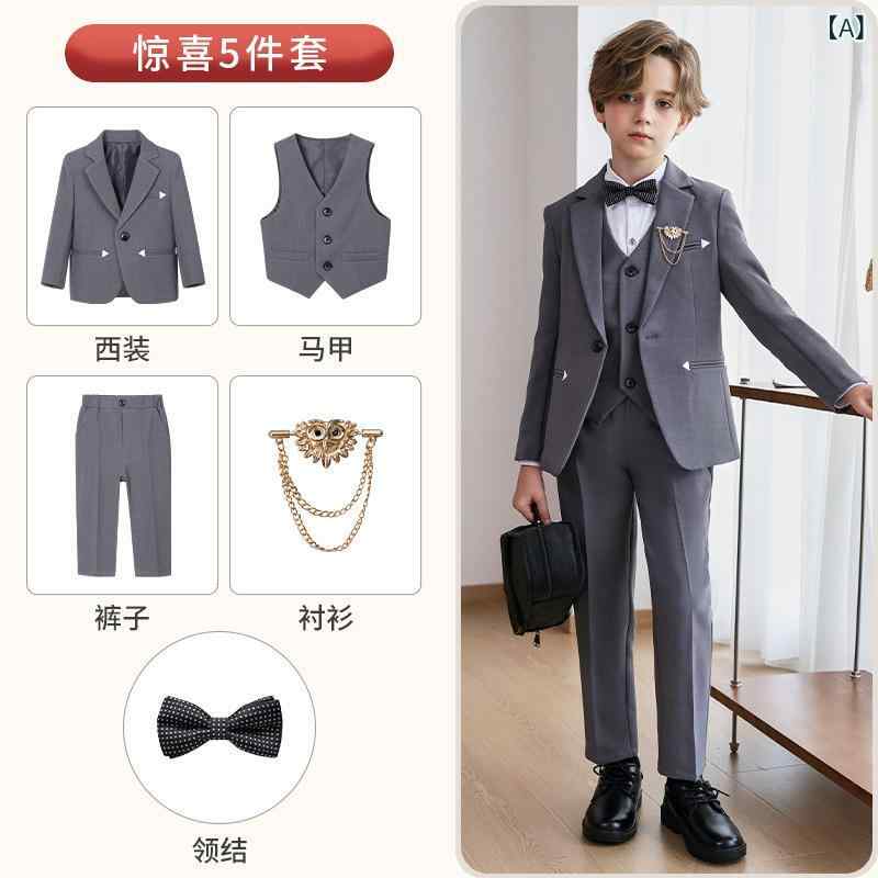 子供 男の子 西装 礼服 セット 英?風 ジャケット ベスト 長ズボン 長袖 シャツ ネクタイ ピン 3点セット 5点セット 6点セット 灰色 黒 ベージュ ポリエステル混紡 柔らかい生地 普通厚 無地 秋冬 春 フォーマル イベント 演出 パーティー