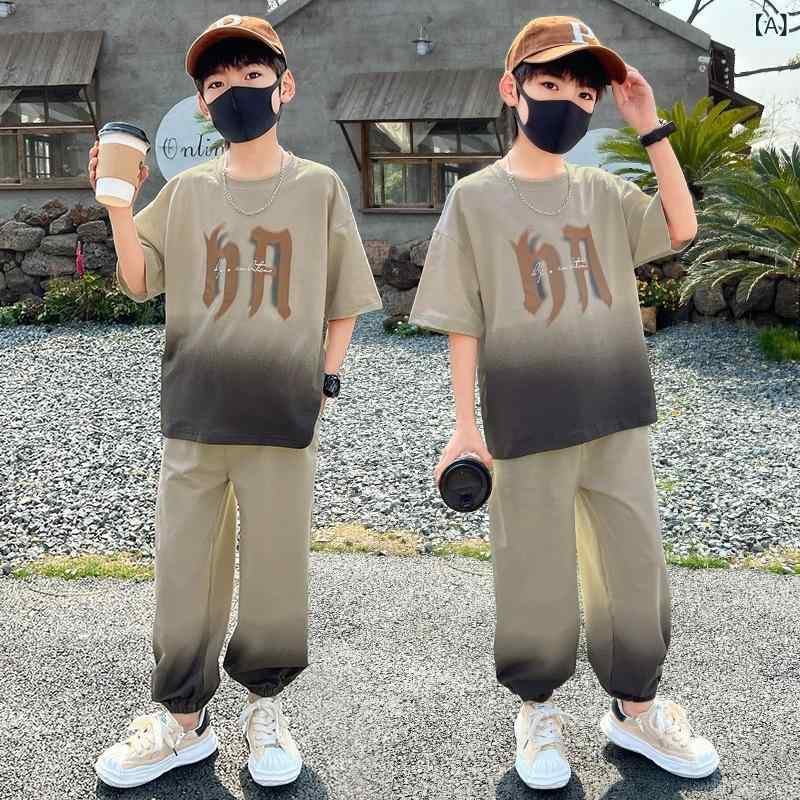 キッズ 男の子 夏用 運動 休? セットアップ 漸変 短袖 Tシャツ 長ズボン 薄手 柔らかい ポリエステル 綿混 吸湿速乾 グレー グリーン 120cm 130cm 140cm 150cm 160cm 170cm 伸縮性 普段使い アウトドア 子供服
