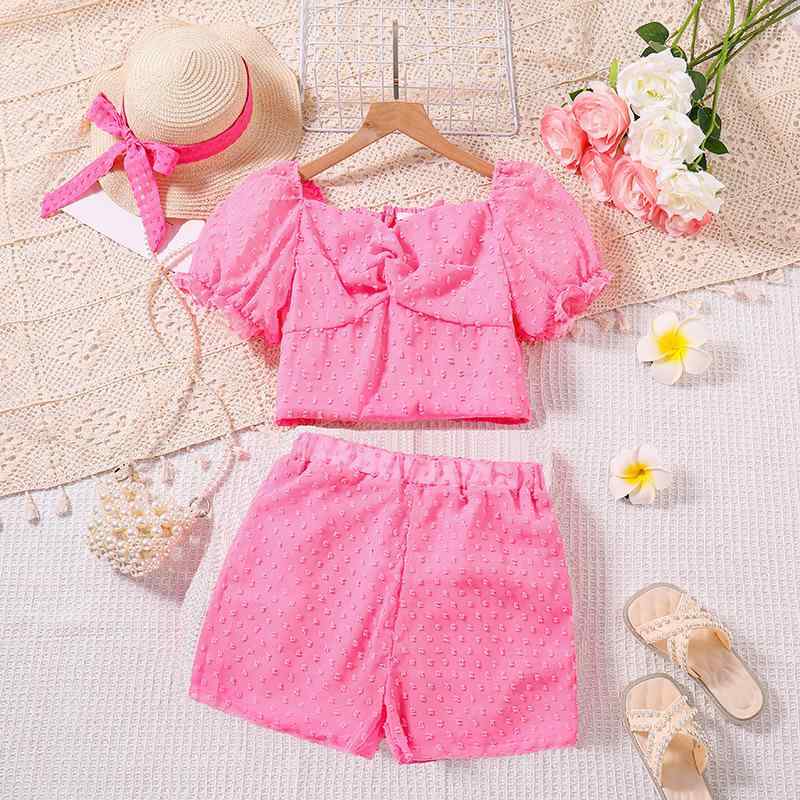 女児 服 セット 女の子 子供服 夏用 短袖 トップス 短パン 2点セット かわいい プリンセス スタイル 蝶結び デザイン トレンド 洋気 ピンク 色 綿混紡 素材 柔らか 肌触り 普通 厚み 無地 パターン 伸縮性 機能 通気性 快適 普段使い 遊び 4,502円