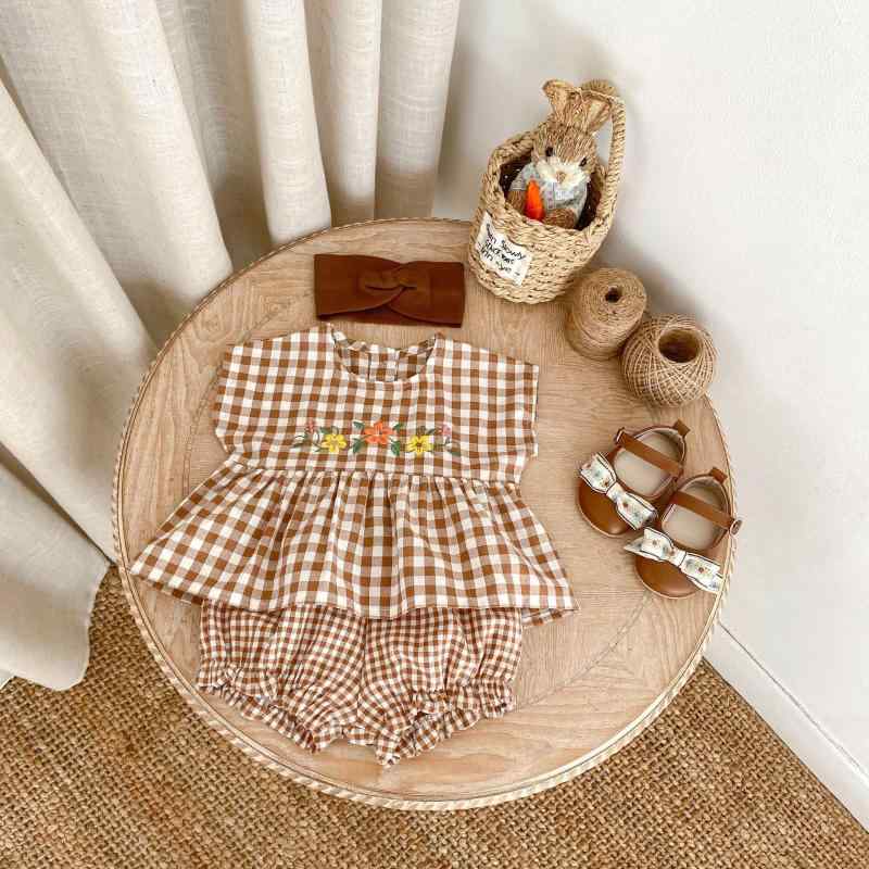 女児 夏服 セット トップス 短パン 綿100% 無袖 薄手 格子刺繍 かわいい 百搭 休? 潮范 1-3歳 80-100cm 吸湿速乾 通気性 軽量 普段使い ベビー キッズ 子供服 ワンピース風 セットアップ 春夏