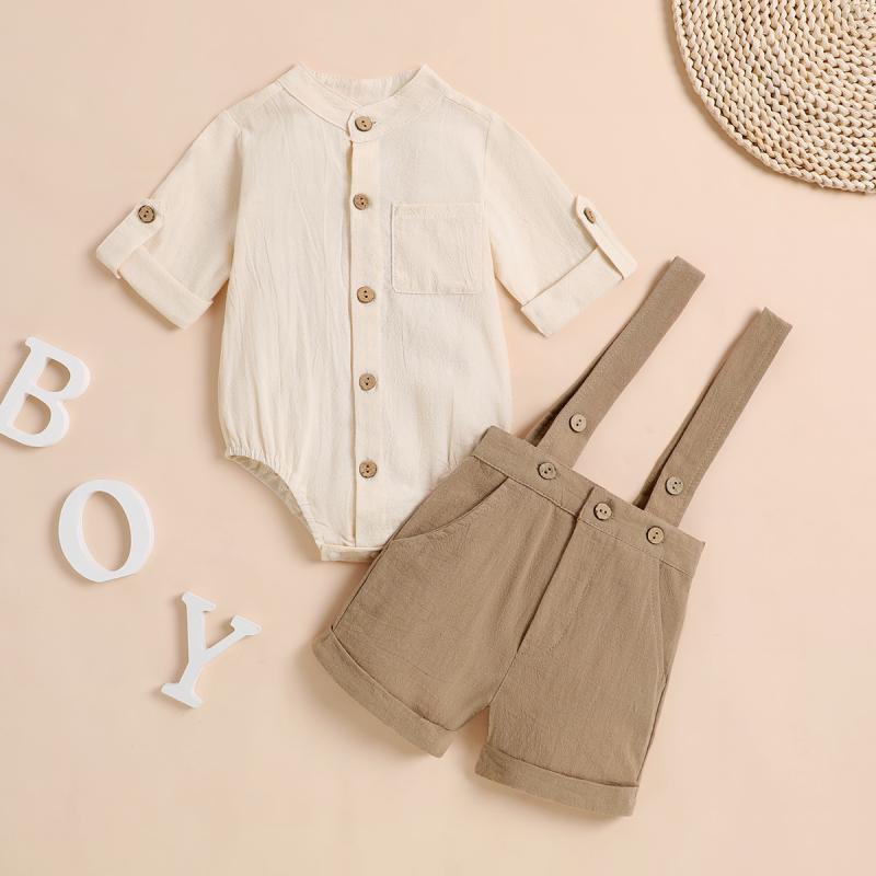 キッズ 男の子 女の子 夏 ベビー 幼児 短袖 半袖 シャツ セット 綿 100% 純色 無地 米白 アイボリー ベージュ 普通厚 剪毛加工 単排ボタン 無地柄 欧米スタイル カジュアル 日常着 夏服 2点セット 背広パンツ 半ズボン 中ズボン 1-3歳