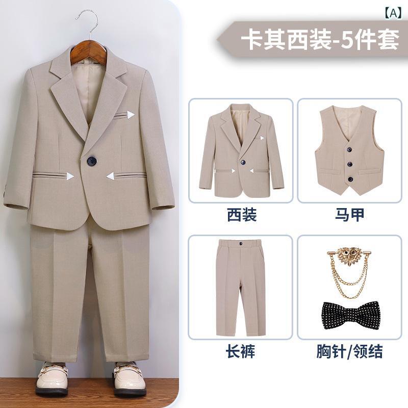 キッズ 男の子 西装 スーツ セット 英倫スタイル 3～8歳 長袖 長ズボン シャツ ベスト ジャケット ネクタイ ピン 秋冬 春 柔軟 混紡 ポリエステル 純色 フォーマル 誕生日 結婚式 演奏会 司会 通学 ベーシック ベージュ グレー ブラック 暖｜シャドーテール