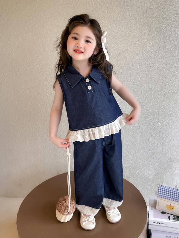 女児 デニム セット 夏 子供 薄手 コットン 混紡 トップス ショートパンツ 2点セット 無袖 純色 ブルー 柔らかい 潮っぽい 韓風 3～8歳 中小童 通学 普段使い カジュアル 伸縮性 軽量 接触冷感 吸湿速乾 ビッグシルエット