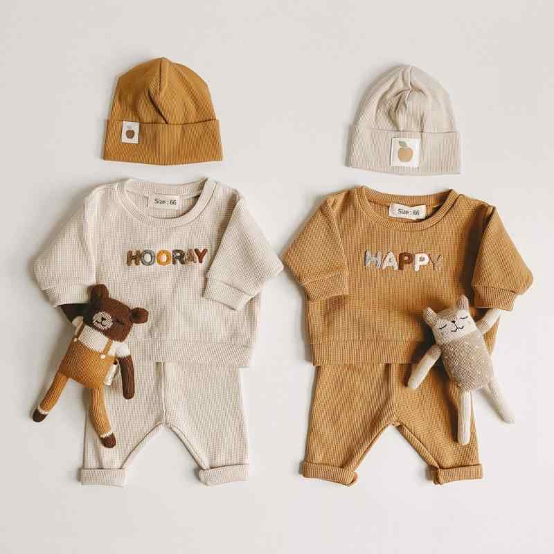 ベビー 男の子 秋冬 長袖 綿 トップス ロングパンツ セット ワッフル 柄 無帽 普通厚 アルファベット パターン 春 秋 対応 1-3歳 80-100cm 赤ちゃん 普段使い 部屋着 柔らかい 肌触り 安全 A類 白色 ブラウン