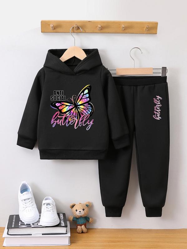 キッズ 女の子 秋冬 フード付き 長袖 衛衣 長パンツ 2点セット かわいい バタフライ プリント コットン風 柔らかい 素材 厚手 フリース 裏地 黒 ピンク 紫 グレー カラーバリエーション 動きやすい 伸縮性 スポーツ スタイル 日常着 学校用