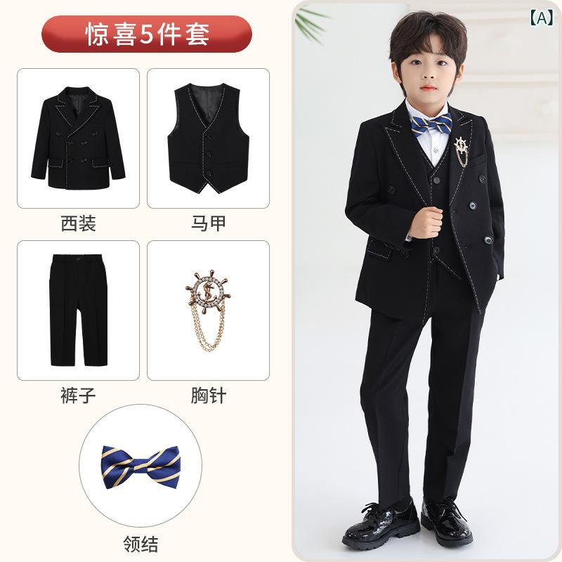男の子 礼服 西装 セット 秋冬 英倫風 長袖 ジャケット ベスト 長ズボン ネクタイ ブローチ 黒 グレー ベージュ 化繊混紡 柔らか素材 普通厚 無地 フォーマル 演奏会 発表会 合唱 子供服 3～8歳 中小児 通学 イベント 着用 安全 B級 ダブ