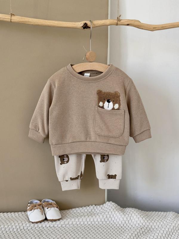 キッズ 男の子 女の子 ベビー 春秋 動物柄 長袖 ニット セットアップ 口袋 トップス 束脚パンツ コーヒー 杏色 1-3歳 かわいい 普段使い 軽量 伸縮性 吸湿速乾