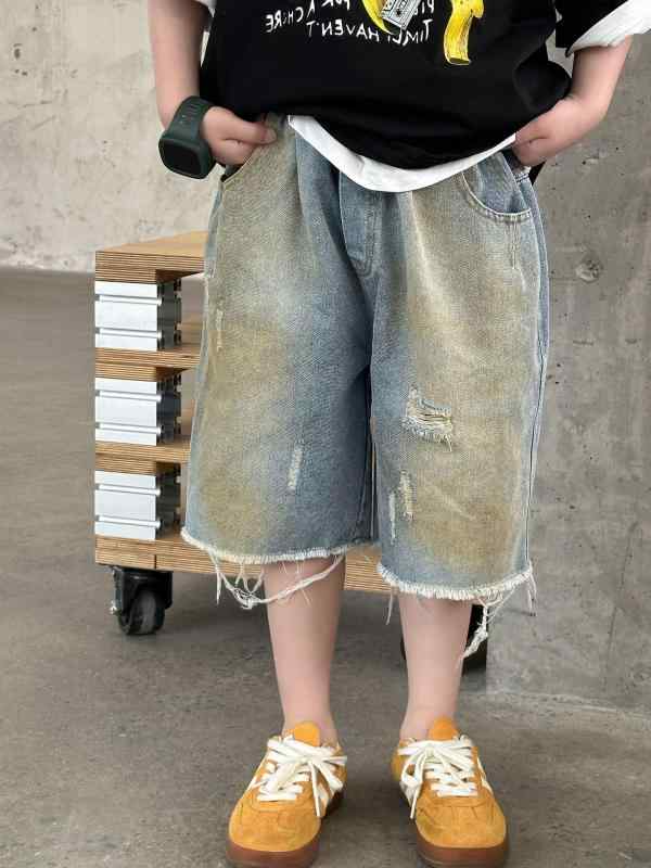 男の子 夏用 デニム ショートパンツ 綿素材 柔らかい 破れ加工 中腰 ラフスタイル 韓国風 子供服 ブルー 吸湿速乾 軽量 伸縮性 通気性 普段使い アウトドア 3-8歳 中小童 100-160cm