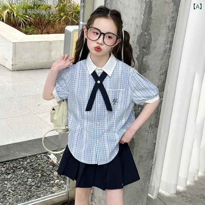 女児 夏用 JK制服 セット 学院風 短袖 シャツ 百褶スカート 2点組 かわいい 英倫スタイル 潮 格子柄 綿混紡 柔軟素材 薄手 通気性 軽量 ブルー カジュアル 学園風 子供服 洋服 トップス ボトムス 日常使い