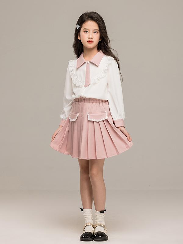 女児 JK セット 学院風 春秋 かわいい 学生服 中大童 切り替え 長袖 シャツ 百褶スカート 2点セット ピンク 柔らかい ポリエステル 伸縮性 シングルボタン ロングスリーブ プリーツスカート ガールズ ユニフォーム コスプレ 学校スタイル かわい