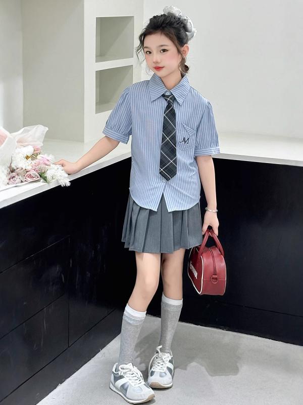 女の子 スカートセット 夏用 短袖 シャツ 百褶スカート 綿素材 薄手 柔らかい 薄青色 軽量 伸縮性 吸湿速乾 通学 普段使い かわいい カジュアル 韓国風 洋気 潮 セット トップス スカート 組み合わせ 女児 中学生 8歳以上 120cm 130c