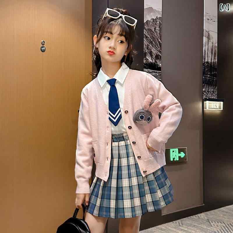 キッズ 女の子 秋冬 学院風 3点セット コットン ワンピース 長袖 百褶スカート ピンク かわいい 柔軟素材 普通厚 通学用 普段使い ラビットモチーフ トップス セットアップ スカートセット 女児服