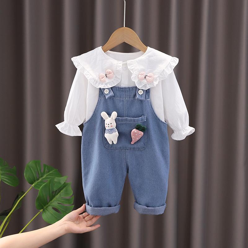 女児 秋冬 ベビー 服 セット かわいい 背広 ストラップ トップス 長袖 薄手 牛仔 柄 ウサギ モチーフ ラディッシュ 柄 ブルー ネイビー オレンジ 韓風 スタイル 軽量 柔らかい 綿混 素材 普段使い 部屋着 73cm 80cm 90cm 100