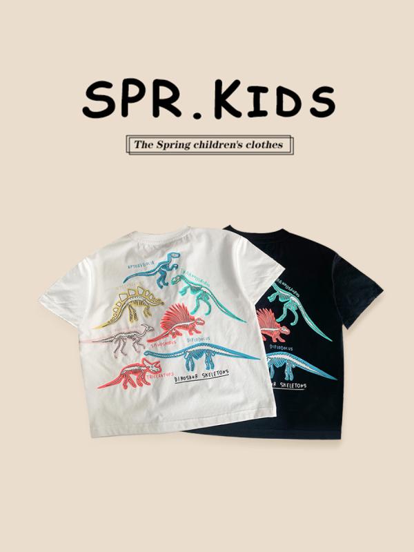 子供用 男の子 恐竜 夜光 Tシャツ トップス 短袖 丸首 綿素材 柔らかい 夏用 通気性 かわいい カードル プリント 黒 白 カラーバリエーション 3～8歳 対応