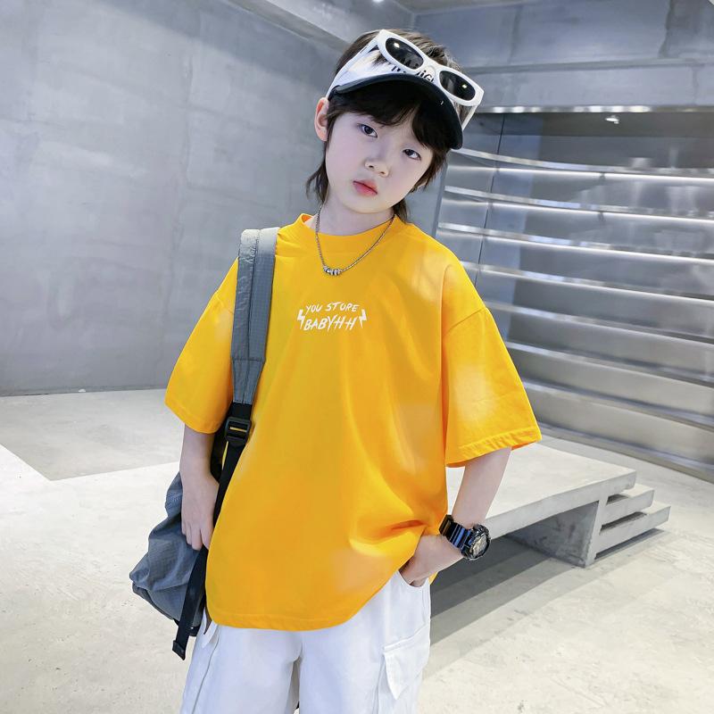 キッズ 男の子 短袖 Tシャツ トップス 半袖 丸首 綿素材 吸湿排汗 柔らかい 韓風 ルーズフィット 夏 活力カラー 緑 黄色 かわいい プリント 字母柄 印花 ストリートスタイル 子供服 日常使い 軽量 通気性 8歳以上 中学生向け