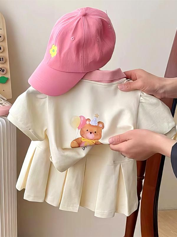 女児 トップス 半袖 ポロシャツ プリント スカート セット キッズ 女の子 かわいい 学院風 綿 柔らかい 薄手 ピンク ベージュ 夏 3～8歳 100～140cm 100cm 110cm 120cm 130cm 140cm 日常使い 遊び着 カジュア