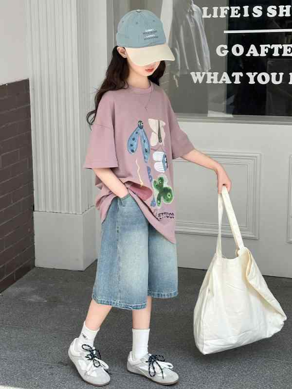 女児 キッズ 女の子 夏用 短袖 Tシャツ トップス セット 綿素材 柔らかい 牛仔 デニム 短パン 七分丈 純色 2点セット 120cm 130cm 140cm 150cm 160cm 170cm