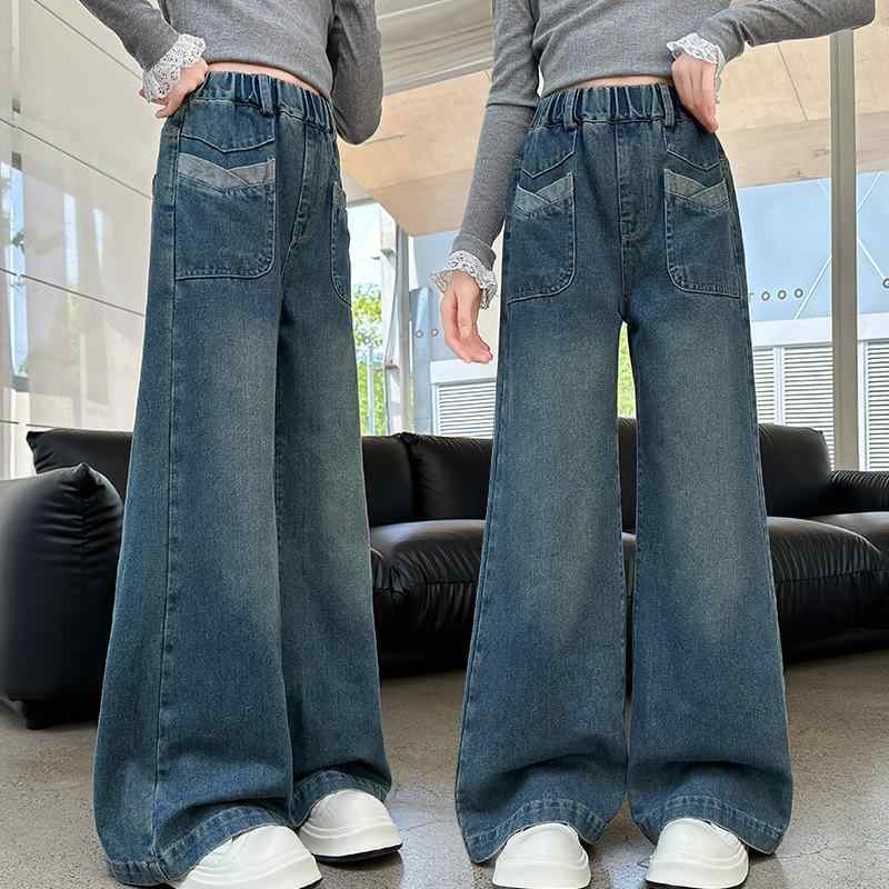 女児 秋 デニムパンツ ワイドレッグ 長ズボン 綿 素材 柔軟 加工 かわいい プリンセス スタイル ミッドライズ 伸縮性 ゴムウエスト 子供 女の子 普段使い 秋冬 通学 120cm 130cm 140cm 150cm 160cm 170cm