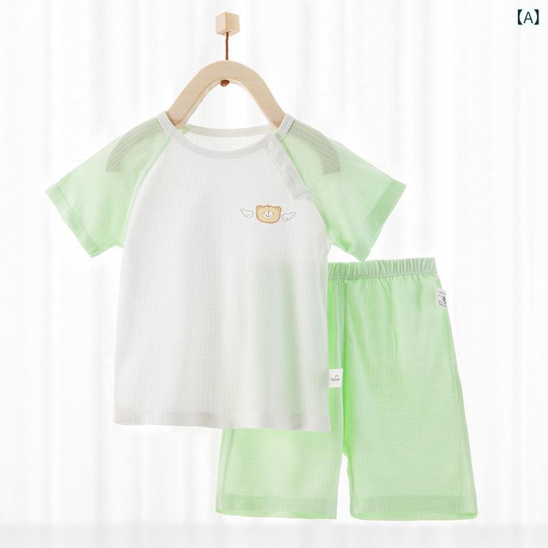 ベビー キッズ 男女 夏季 薄手 短袖 Tシャツ 短パン 2点セット 外出着 柔らかい 綿混 動物 柄 カード かわいい ピンク 緑 ブルー 夜空 色 80cm 90cm 100cm 110cm 120cm 通気性 吸湿速乾 軽量 カジュアル 部屋着 ア