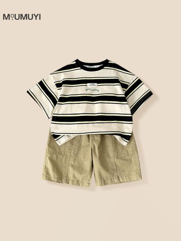 キッズ 男の子 夏 短袖 トップス ストライプ 柄 半袖 Tシャツ セット 綿 素材 柔らかい 薄手 5分丈 パンツ 工装 スタイル 緑 白 ストライプ 緑 ライン 90-140cm 対応 吸湿速乾 肌触り良い 普段使い 通学 遊び着 軽量 伸縮性 あり
