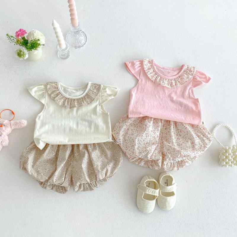女児 春夏 子供服 セット トップス 短パン 綿 柔らかい かわいい 花柄 プリント 短袖 普通厚 糖果色 ピンク アイボリー 3～8歳 女の子 普段使い 通学 かわいい 花柄 セットアップ 柔軟素材 快適 子供用 女童 夏服 トレンド 韓風 キャンディ