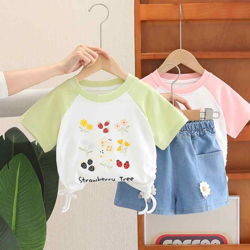 女児 春夏 子供服 かわいい 花柄 短袖 Tシャツ トップス 綿素材 柔らかい 薄手 ピンク グリーン デニム ショートパンツ セット 2点組 ベビー 幼児 1～5歳 普段使い 通気性 吸湿速乾 伸縮性 スイートスタイル